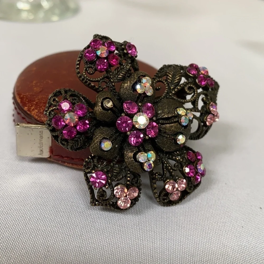 Vintage pink rhinestone Orchid pin brooch